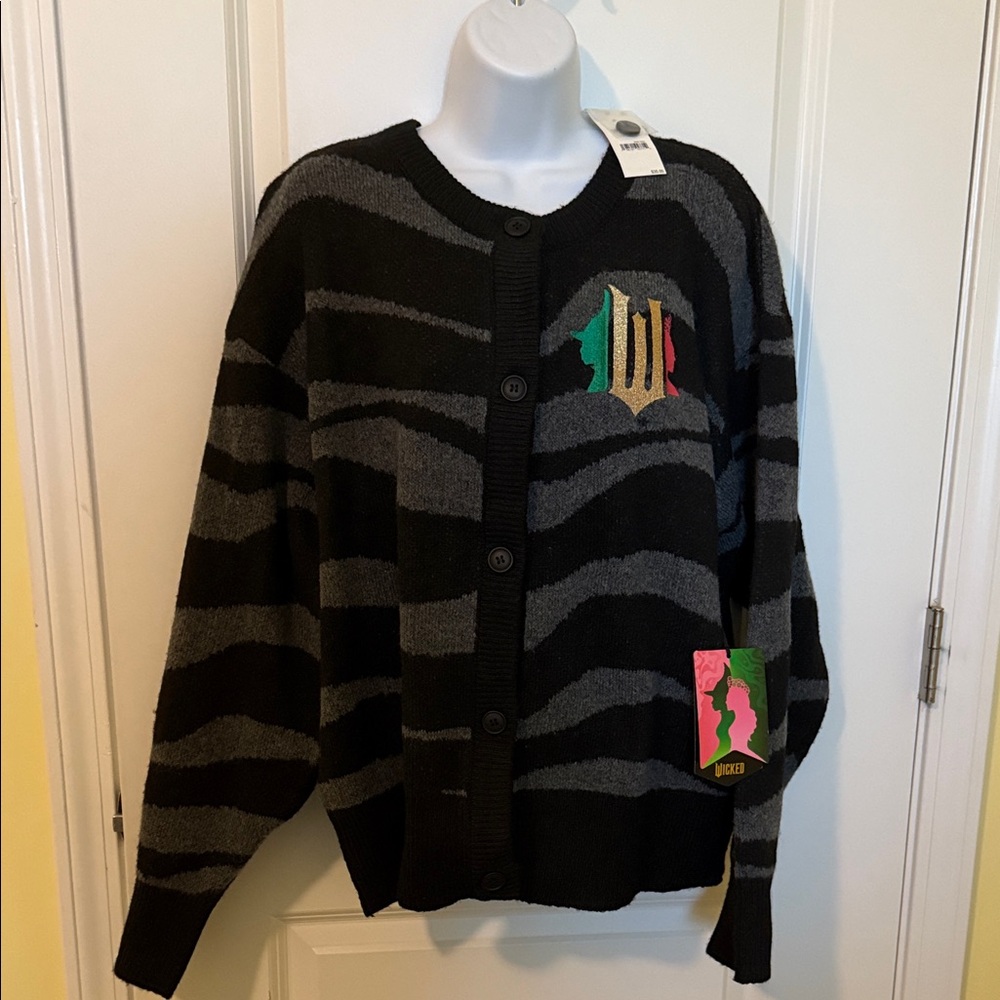 WICKED Striped Black & Gray Button-Up Cardigan with Multicolor Crest, like new